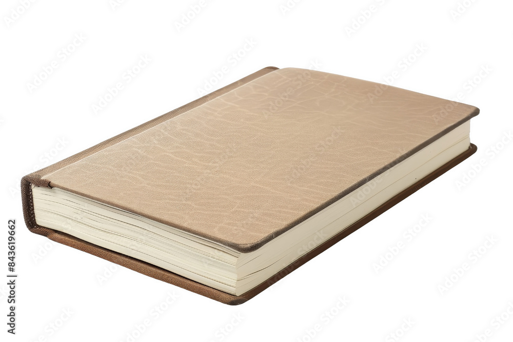 A closed, beige, leather-bound book with slightly worn edges and a textured cover, isolated white background, transparent background. A closed, beige, leather-bound book with slightly worn edges and a textured cover, isolated white background, transparent background.