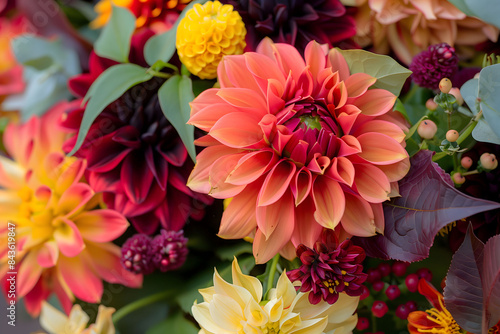 Elegant bouquet featuring a stunning dahlia in full bloom, surrounded by lush greenery.