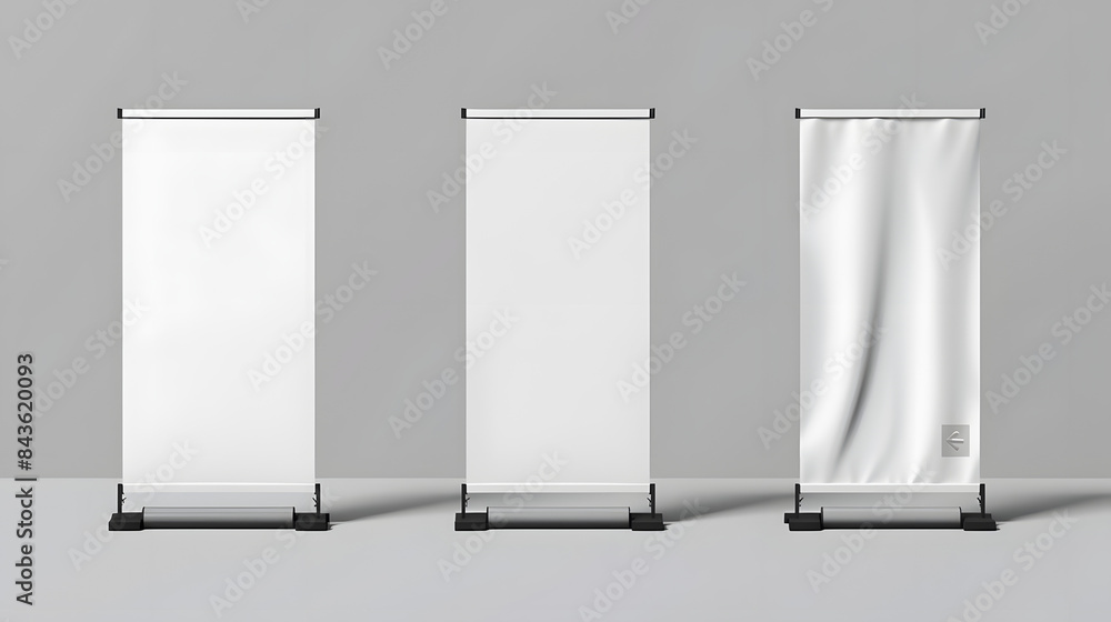 The white empty portable booth stand or roll up board is ideal for advertising and promotion. This realistic modern illustration set includes a blank vertical pull-up information banner mockup for The white empty portable booth stand or roll up board is ideal for advertising and promotion. This realistic modern illustration set includes a blank vertical pull-up information banner mockup for