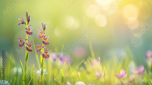Greek wildflowers known as Ophrys sphegodes having the common names bee orchid wasp orchid and passiontide orchid captured against a green backdrop © 2rogan