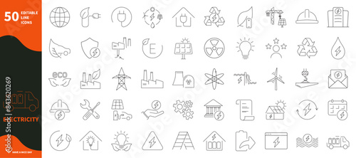 Electricity icon. Set of icons for power sources, construction, renewable energy, power plants,...