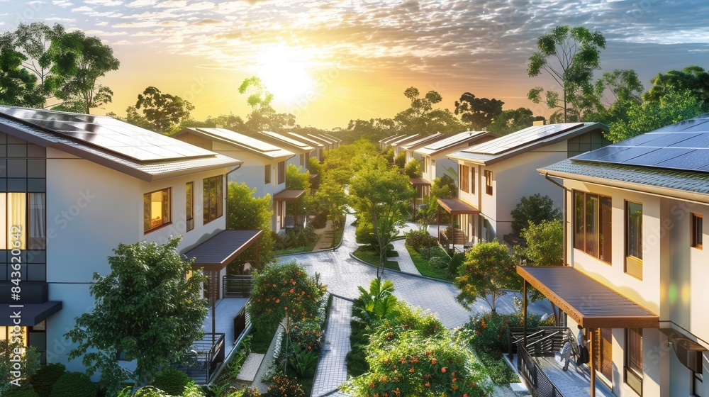 Fototapeta premium ecofriendly neighborhood with beautiful houses and solar panels sustainable living concept ai generated image