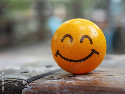 A yellow smiley face ball on a wooden surface, conveying happiness and positivity.