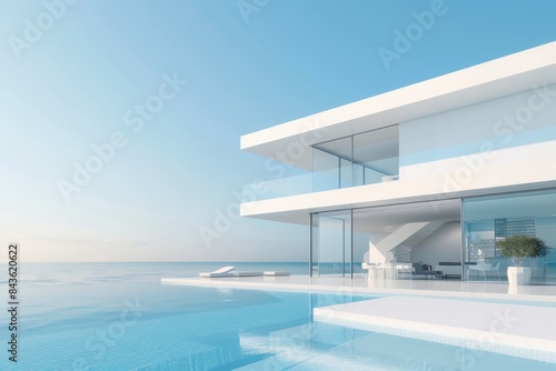Modern White House With Infinity Pool Overlooking Ocean at Sunset © PLATİNUM
