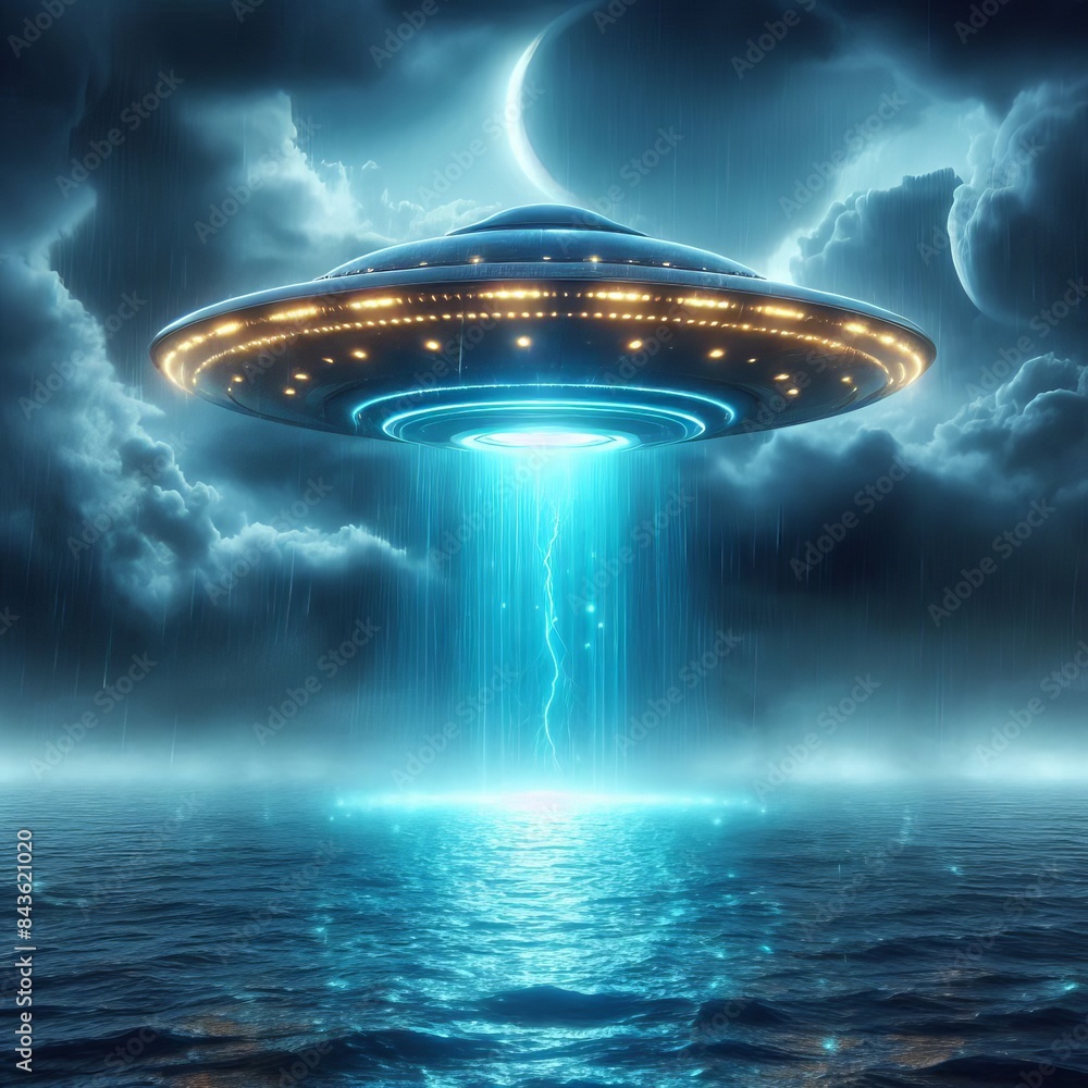 image of an illuminated UFO spaceship hovering over a stormy ocean image of an illuminated UFO spaceship hovering over a stormy ocean