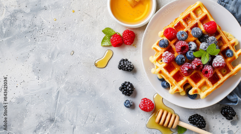 A plate of waffles with berries and honey on top A plate of waffles with berries and honey on top