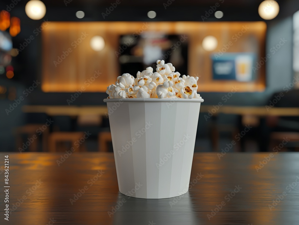 Blank white popcorn bucket mockup in a movie theater Blank white popcorn bucket mockup in a movie theater