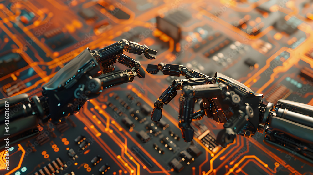 A closeup of two robotic arms reaching towards each other on top of an intricate circuit board A closeup of two robotic arms reaching towards each other on top of an intricate circuit board