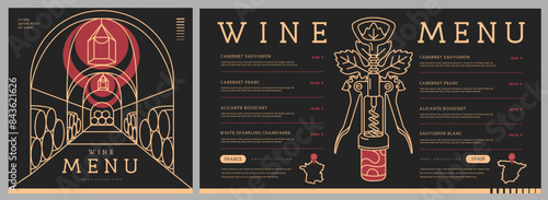 Restaurant wine menu design with wine cellar. Line art modern vector illustration
