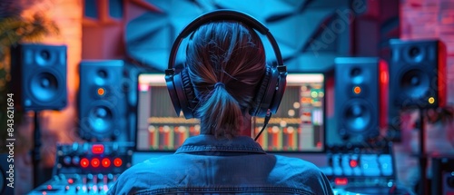 A person focused on audio mixing in a contemporary studio, dressed sharply with large headphones, back view photo