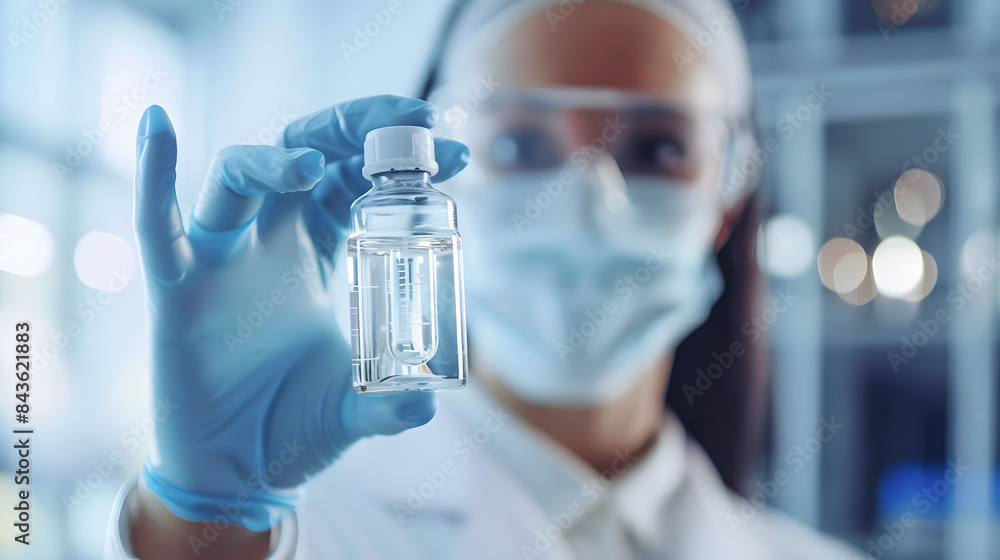 A closeup shot of the scientists hand holding up an vial with clear liquid. while her face is in sharp focus showing surprise and curiosity A closeup shot of the scientists hand holding up an vial with clear liquid. while her face is in sharp focus showing surprise and curiosity