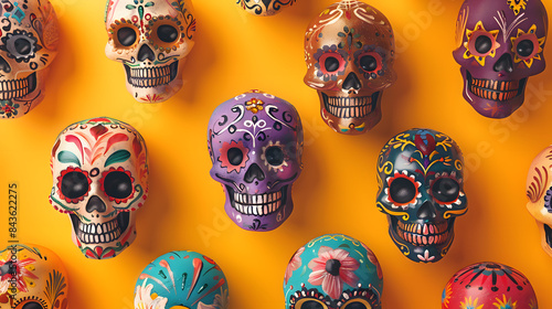 A collection of ornately decorated sugar skulls. each with unique designs and colors. displayed against a bright. festive background.  photo