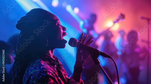 friends singing along at concert artist performing on stage in distance photo