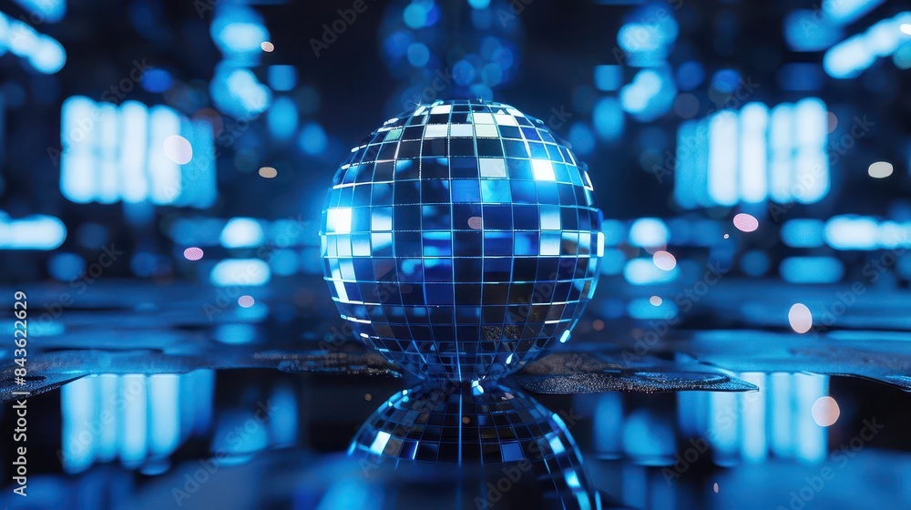 futuristic blue disco ball with faceted mirrors and sparkling light effects retro 80s party background futuristic blue disco ball with faceted mirrors and sparkling light effects retro 80s party background