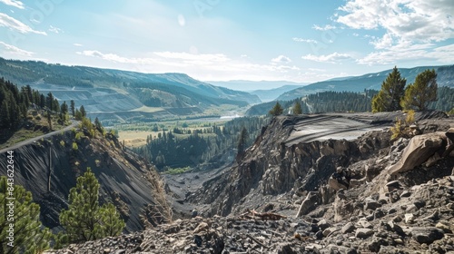 A scenic overlook with a breathtaking view now disrupted by a recent landslide that has shifted the landscape and caused destruction below. photo