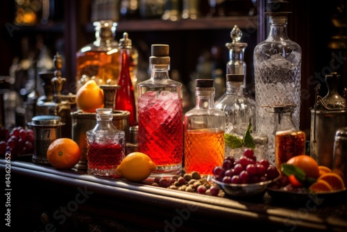 Vintage Bar Setting With Crystal Decanters, Infused Spirits, And Fresh Citrus Fruits. Generative AI