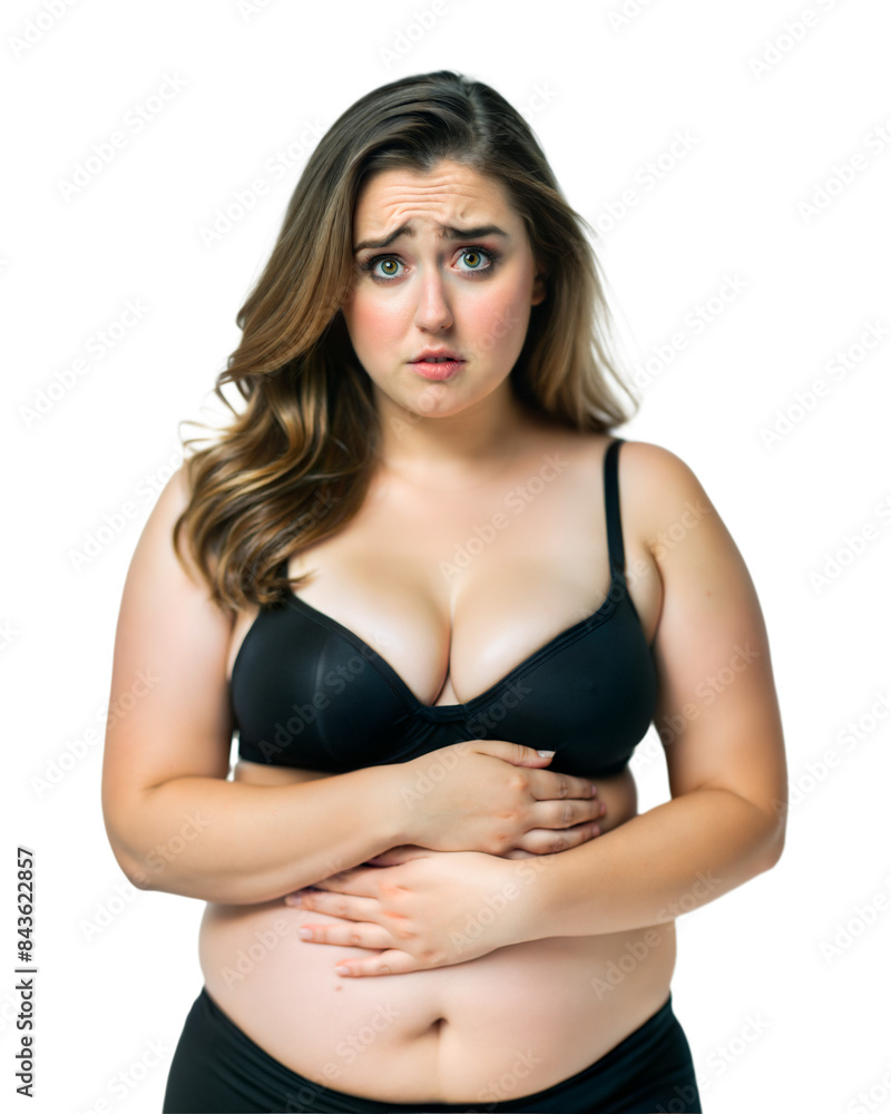 Portrait of a beautiful girl holding fat belly and depressed for weight gain, isolated on white background Portrait of a beautiful girl holding fat belly and depressed for weight gain, isolated on white background