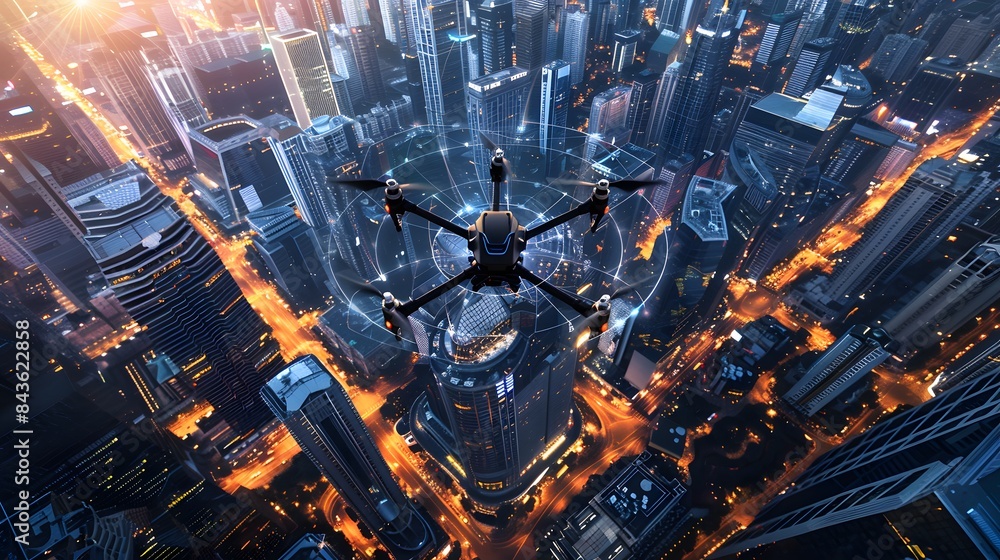 Top view of a backlit quadcopter flying over majestic skyscrapers. Brightly lit city. Concept of transport, surveillance. Top view of a backlit quadcopter flying over majestic skyscrapers. Brightly lit city. Concept of transport, surveillance.