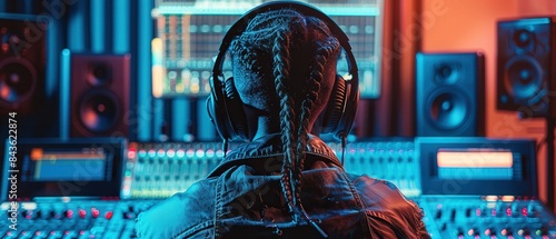 A person working on music production in a hightech recording studio, wearing trendy attire and large headphones, from behind