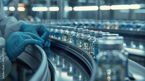 Pharmaceutical scientist wearing sterile gloves inspects medical vials on a production line conveyor belt in a drug manufacturing facility. Generated using AI technology photo