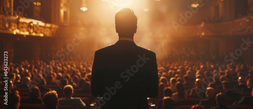 A politician addressing a large audience with a confident stance, photo