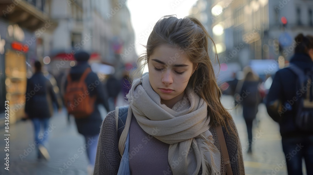 Fototapeta premium isolated exhaustion portrait of tired young woman student alone in busy city center