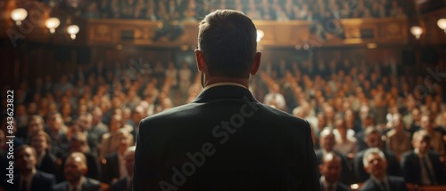 A politician making a speech with a large audience, 8k uhd photo