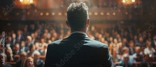 A politician making a speech with a large audience,
