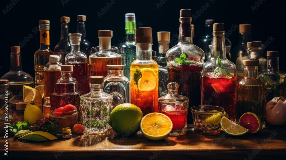 Assorted Infused Spirits And Liqueurs With Fresh Fruits And Herbs On Display. Generative AI Assorted Infused Spirits And Liqueurs With Fresh Fruits And Herbs On Display. Generative AI