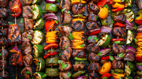 A plate of grilled vegetables and meat skewers