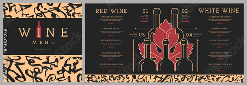 Restaurant wine menu design with pyramid of wine bottles. Line art modern vector illustration