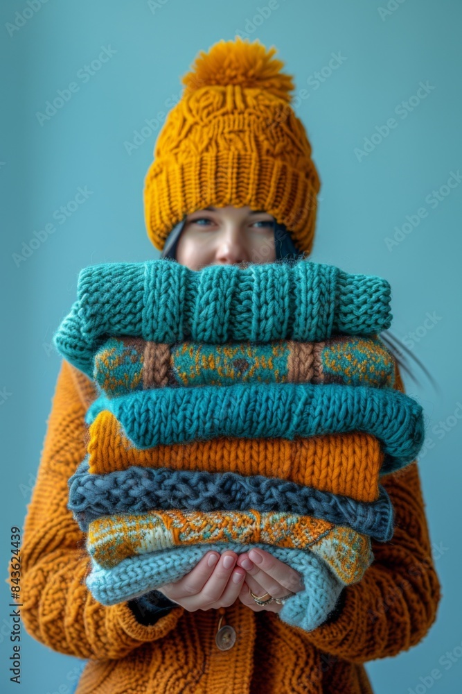 woman with a stack of autumn clothes woman with a stack of autumn clothes