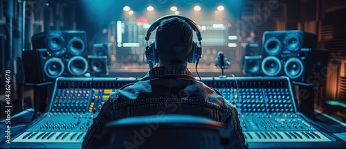 A professionally dressed audio engineer working on sound production in a sleek studio, large headphones on, seen from behind photo