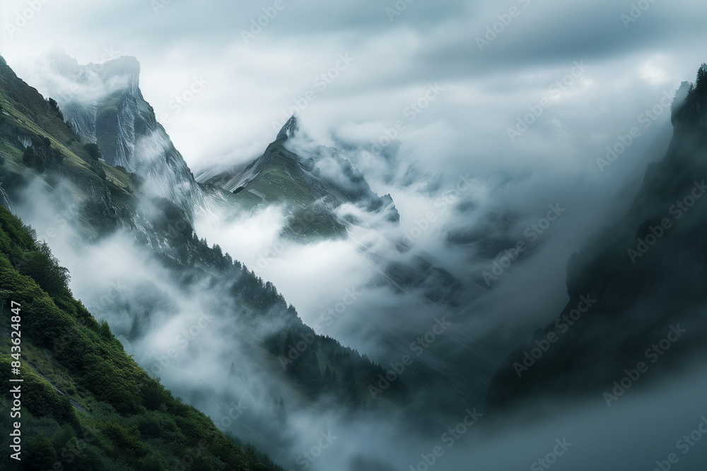 A mountain landscape with low-hanging fog and misty clouds drifting among the peaks, creating a mystical and serene environment A mountain landscape with low-hanging fog and misty clouds drifting among the peaks, creating a mystical and serene environment