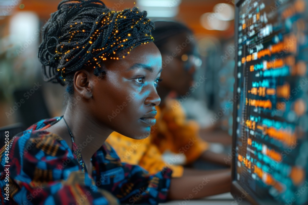 african american woman working on virtual screen. business technology and internet concept african american woman working on virtual screen. business technology and internet concept