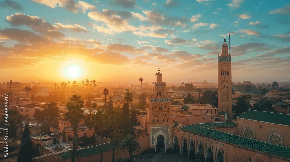 Naklejka premium majestic aerial view of koutoubia mosque in marrakech at sunrise iconic landmark photography
