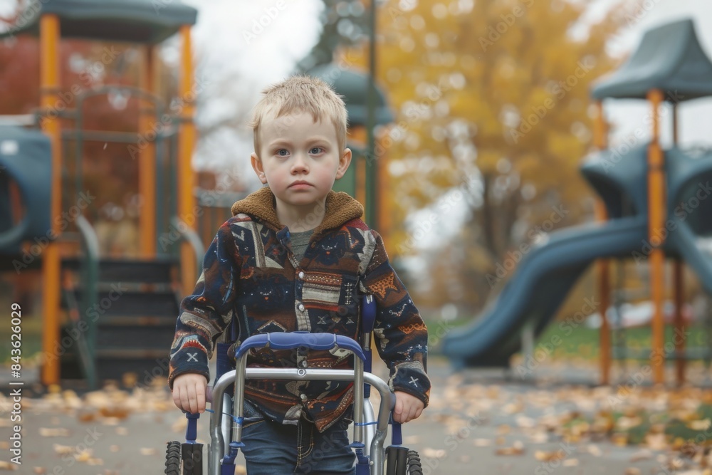 Disabled four year old boy standing in walker near a playground Disabled four year old boy standing in walker near a playground