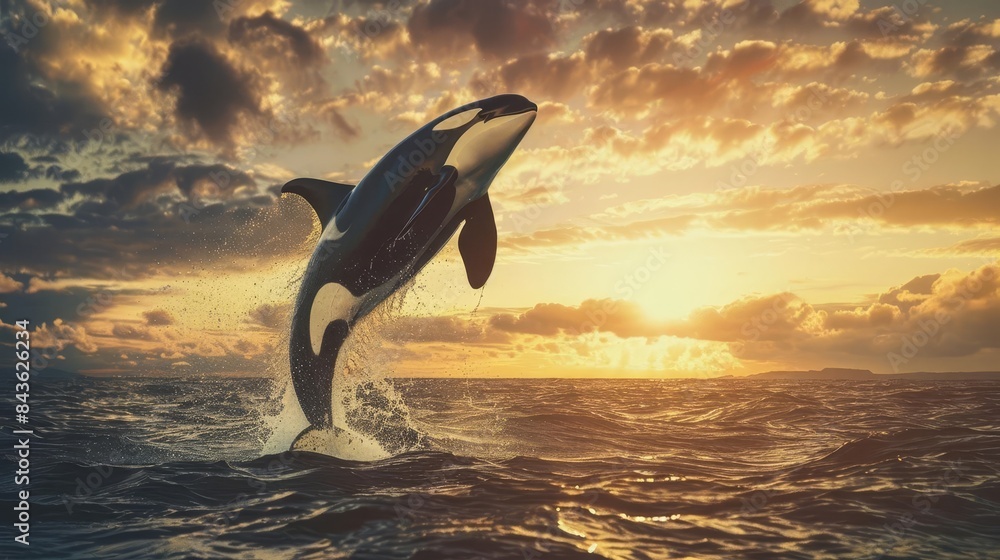 Fototapete mit majestic orca breach killer whale jumping out of the sea powerful wildlife action photo #843626234