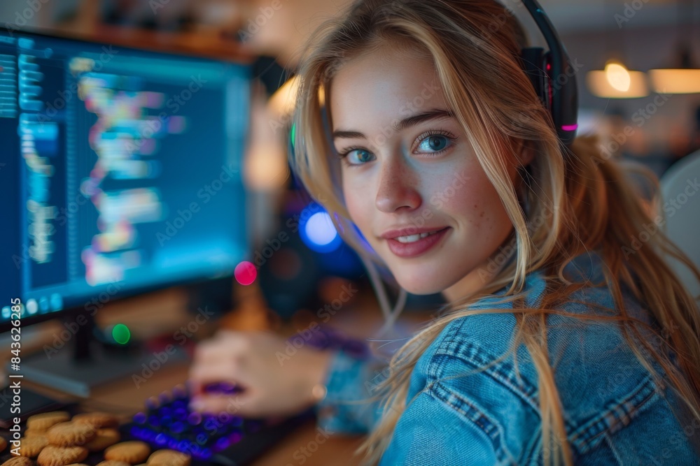 young blonde woman with pink hair working at night with a computer in night young blonde woman with pink hair working at night with a computer in night