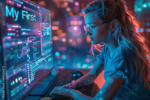 young blonde woman with pink hair working at night with a computer in night