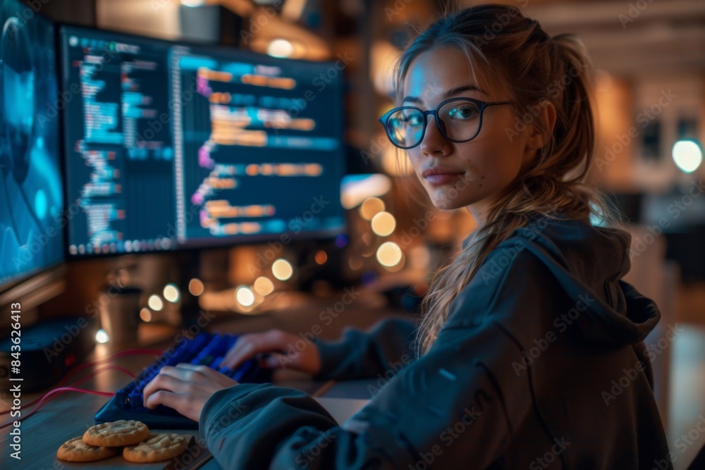 young blonde woman with pink hair working at night with a computer in night young blonde woman with pink hair working at night with a computer in night