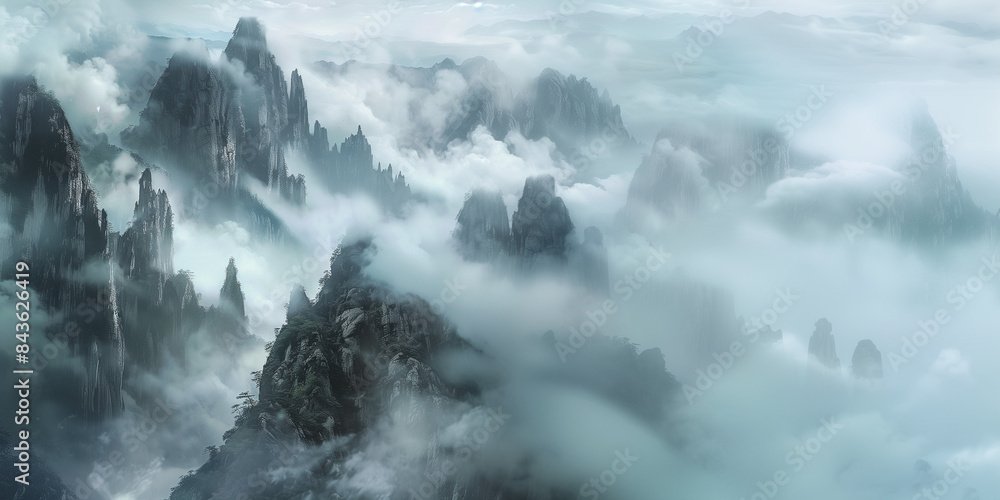 A mountain landscape with low-hanging fog and misty clouds drifting among the peaks, creating a mystical and serene environment A mountain landscape with low-hanging fog and misty clouds drifting among the peaks, creating a mystical and serene environment