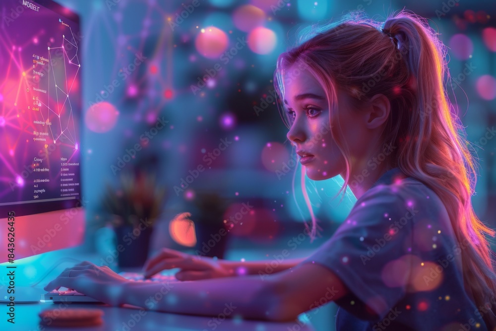 young blonde woman with pink hair working at night with a computer in night young blonde woman with pink hair working at night with a computer in night