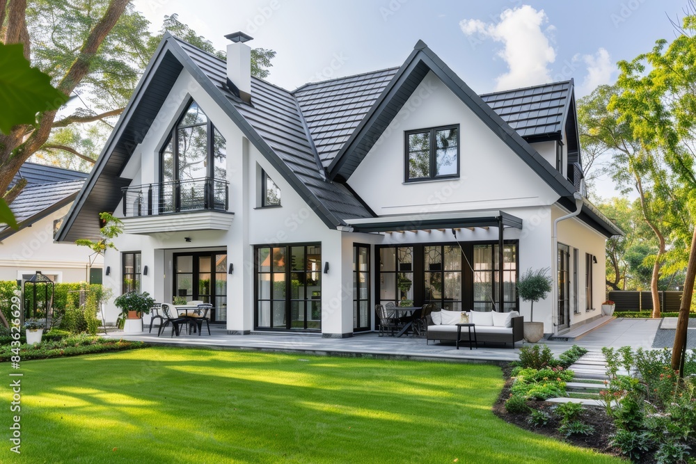 Modern White House With Black Trim And Large Windows In A Lush Green Backyard Modern White House With Black Trim And Large Windows In A Lush Green Backyard