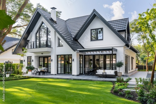 Modern White House With Black Trim And Large Windows In A Lush Green Backyard
