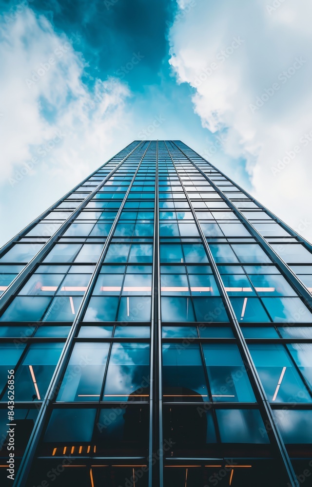 Obraz premium Abstract modern glass office building in downtown, view from below
