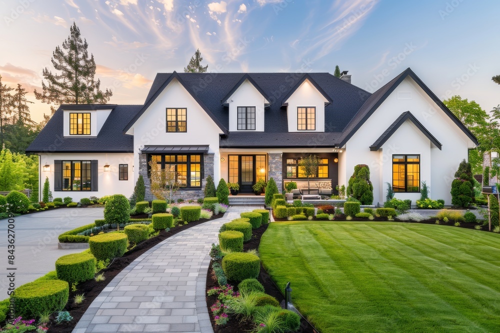Modern White House With Black Trim and Lush Landscaping at Dusk Modern White House With Black Trim and Lush Landscaping at Dusk