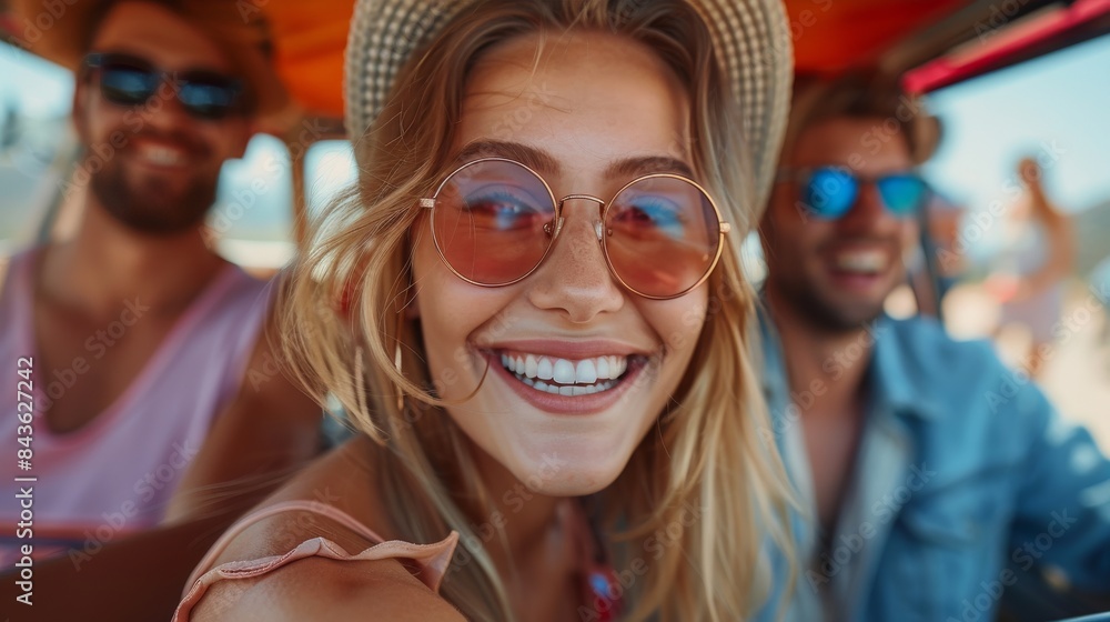 Happy Young Friends on a Sunny Road Trip Summer Adventure. Generative ai Happy Young Friends on a Sunny Road Trip Summer Adventure. Generative ai