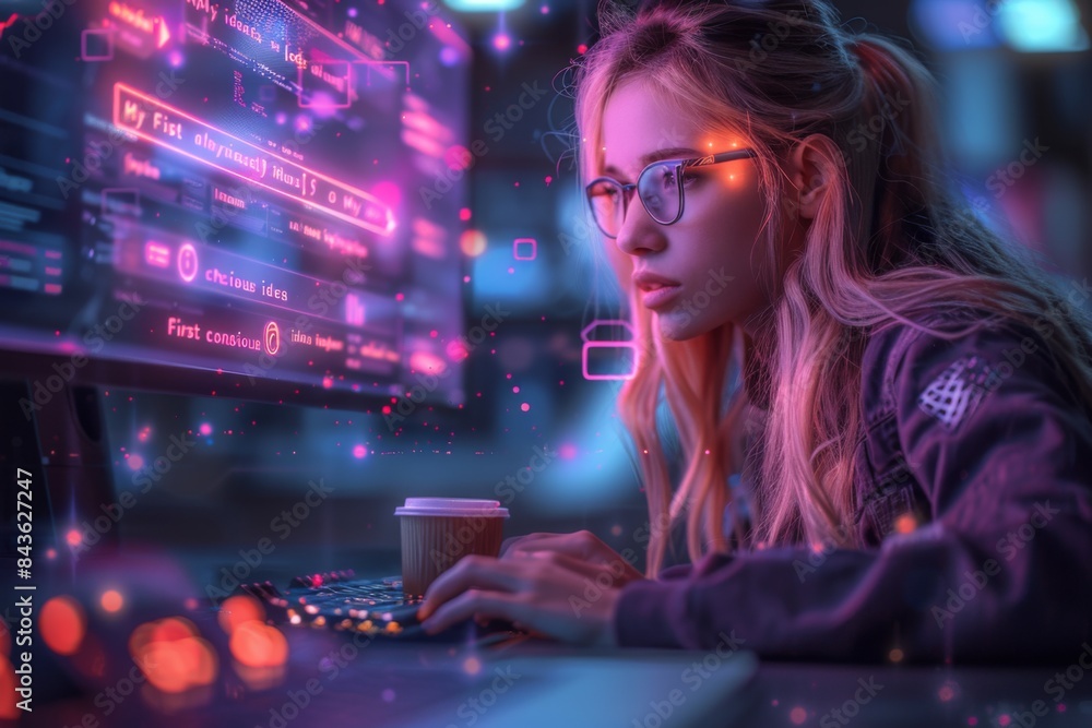 young blonde woman with pink hair working at night with a computer in night young blonde woman with pink hair working at night with a computer in night
