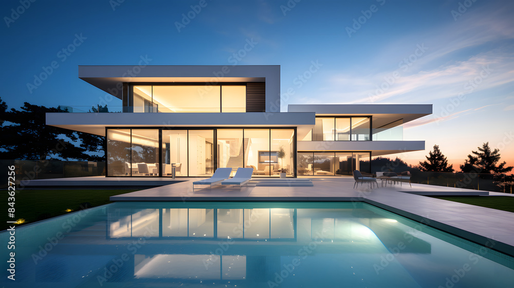 Fototapeta premium Modern Luxury Home with Pool and Sunset Lighting